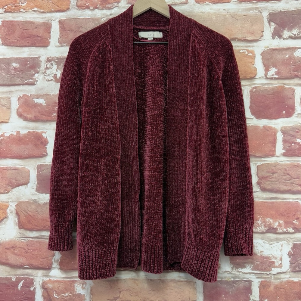 Ann Taylor Loft Cardigan Sweater Women's XS Burgundy Red Chenille Open Front - Picture 6 of 8